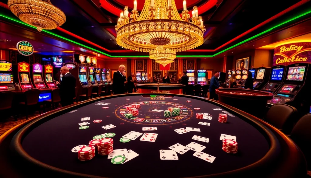 Luckywin casino scene with vibrant blackjack table, poker chips, and bright slot machines.