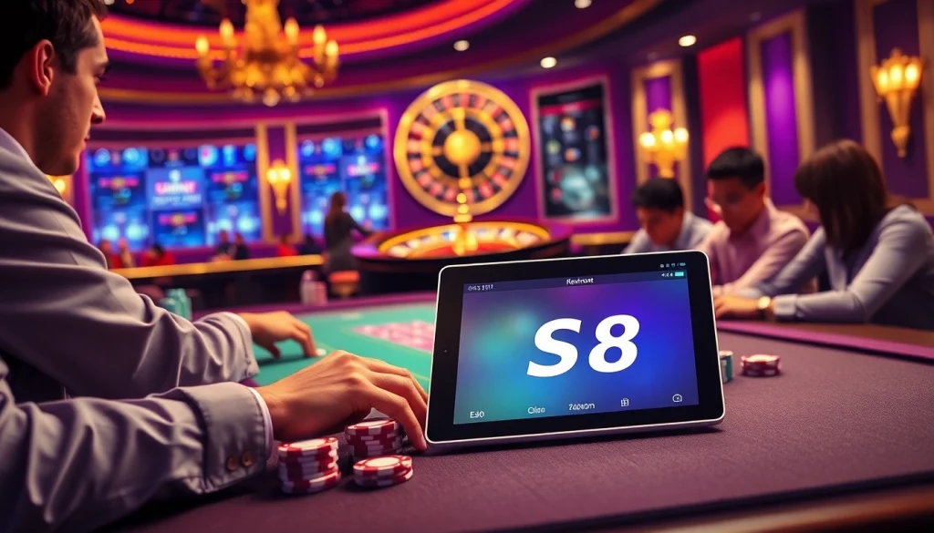 Engaged gamblers at a poker table in a luxury casino setting featuring S8 inspired design elements.