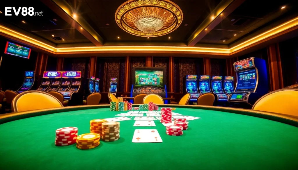 Engage in thrilling betting at EV88 net, featuring a luxurious poker table with vibrant chips and cards.