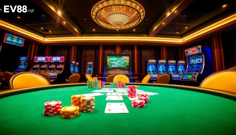 Engage in thrilling betting at EV88 net, featuring a luxurious poker table with vibrant chips and cards.