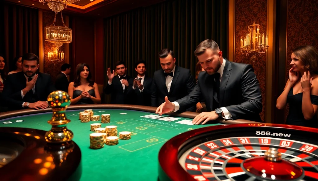 Players enjoying an exciting round of blackjack at 888new casino with vibrant poker chips and cards.