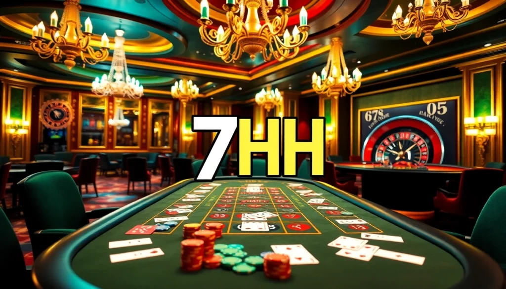 7HH logo displayed at a vibrant casino table featuring poker chips and cards, creating an engaging gambling atmosphere.