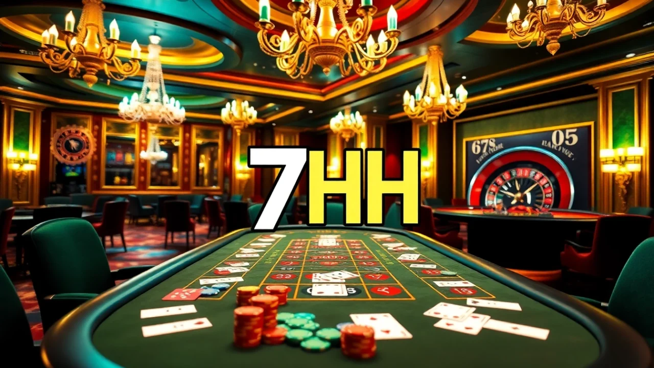 7HH logo displayed at a vibrant casino table featuring poker chips and cards, creating an engaging gambling atmosphere.