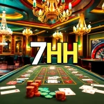 7HH logo displayed at a vibrant casino table featuring poker chips and cards, creating an engaging gambling atmosphere.