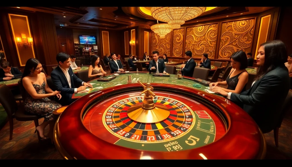 Gambling action at Nhà Cái Win55, showcasing an elegant gaming table with cards, chips, and a roulette wheel.