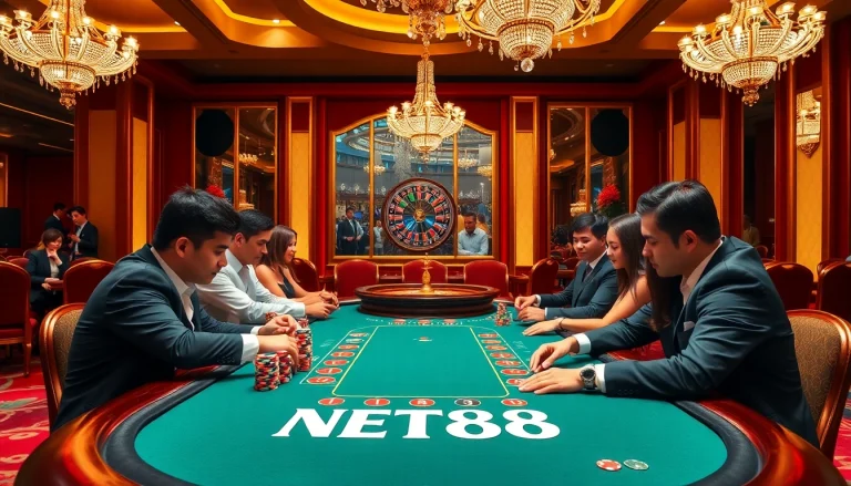 Players enjoying poker at a NET88-branded table in a luxurious casino atmosphere.