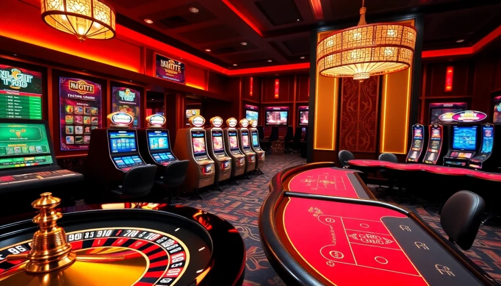 Experience thrilling gameplay at NHÀ CÁI TT88 with vibrant casino visuals featuring roulette and slot machines.