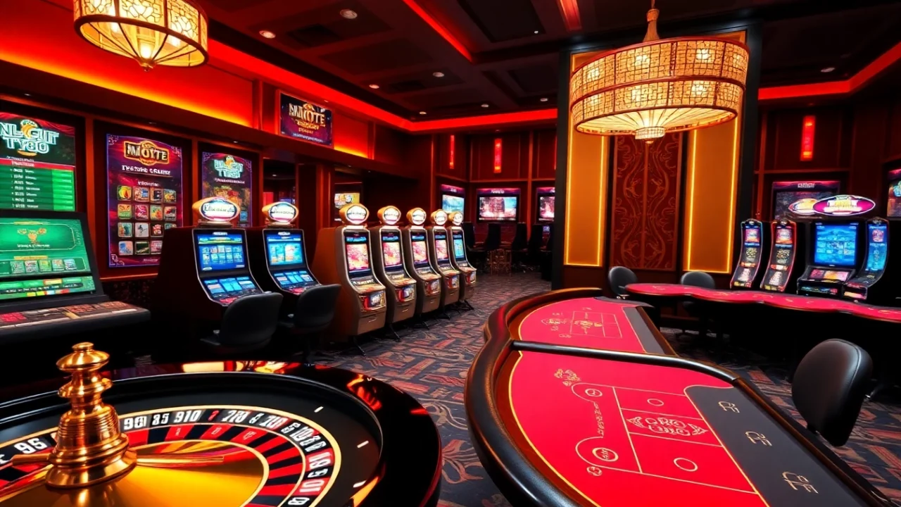 Experience thrilling gameplay at NHÀ CÁI TT88 with vibrant casino visuals featuring roulette and slot machines.