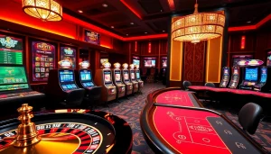 Experience thrilling gameplay at NHÀ CÁI TT88 with vibrant casino visuals featuring roulette and slot machines.