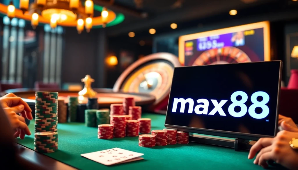 Experience the thrill of betting at max88 with vibrant casino visuals capturing poker action.