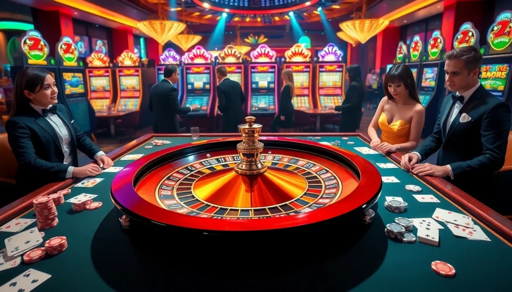 Experience excitement at https://99wina.org/ with a vibrant casino scene featuring a roulette table and eager players.