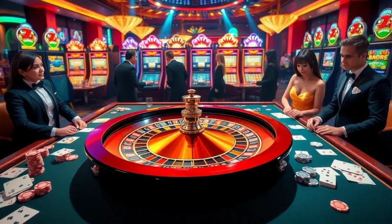 Experience excitement at https://99wina.org/ with a vibrant casino scene featuring a roulette table and eager players.