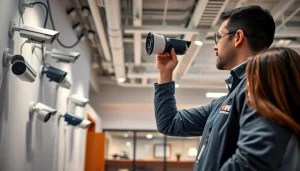 Instalación de soporte técnico en cámaras de seguridad en un entorno de oficina moderno, que muestra un servicio experto.
