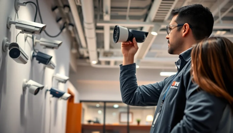 Instalación de soporte técnico en cámaras de seguridad en un entorno de oficina moderno, que muestra un servicio experto.