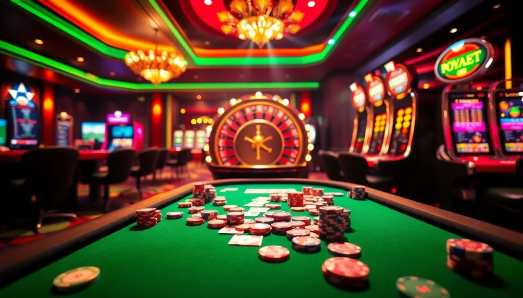 S8 casino experience with a vibrant poker table, roulette wheel, and exciting slot machines.