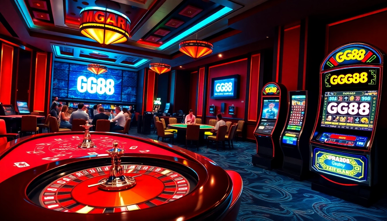 Experience the thrilling excitement of GG88 with vibrant casino games and immersive gambling scenes.