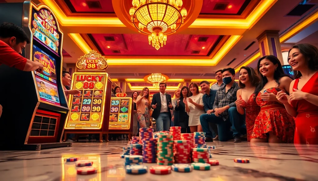 Players spinning the Lucky 88 slot machine for a chance to win big in a vibrant casino.