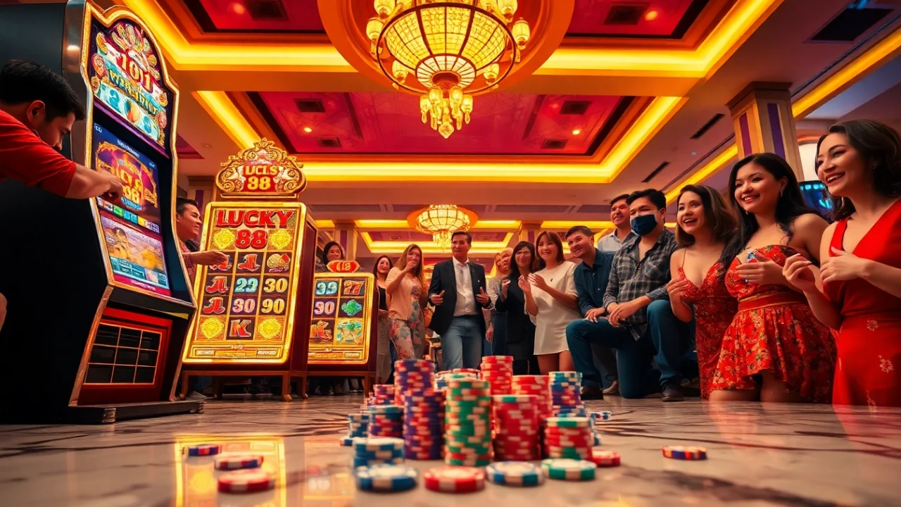 Players spinning the Lucky 88 slot machine for a chance to win big in a vibrant casino.