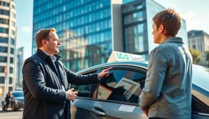 Driving school Leeds lesson with instructor teaching student in vibrant urban setting.