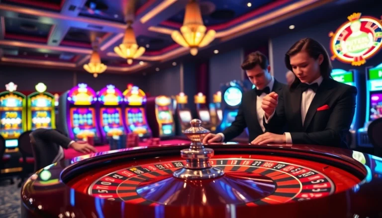 Engage with a thrilling UK88 casino experience featuring elegant players at a roulette table.