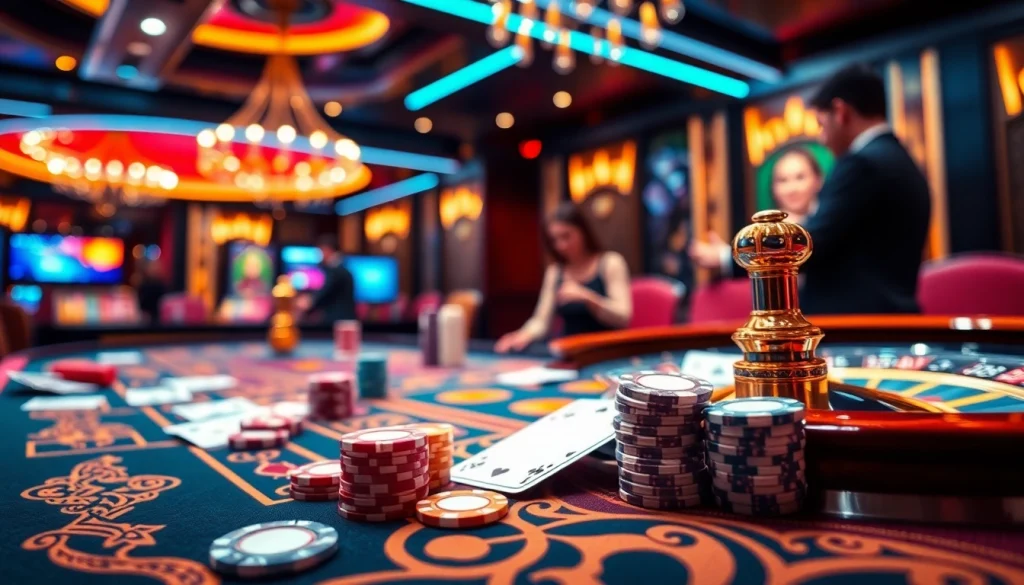 An immersive casino scene showcasing elegance and excitement with elements like poker chips and the keyword ok365m prominently featured.