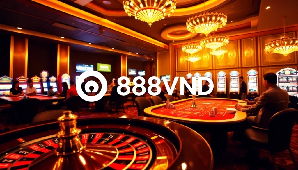 Experience the excitement of 888VND in a luxurious casino setting with roulette and poker tables.