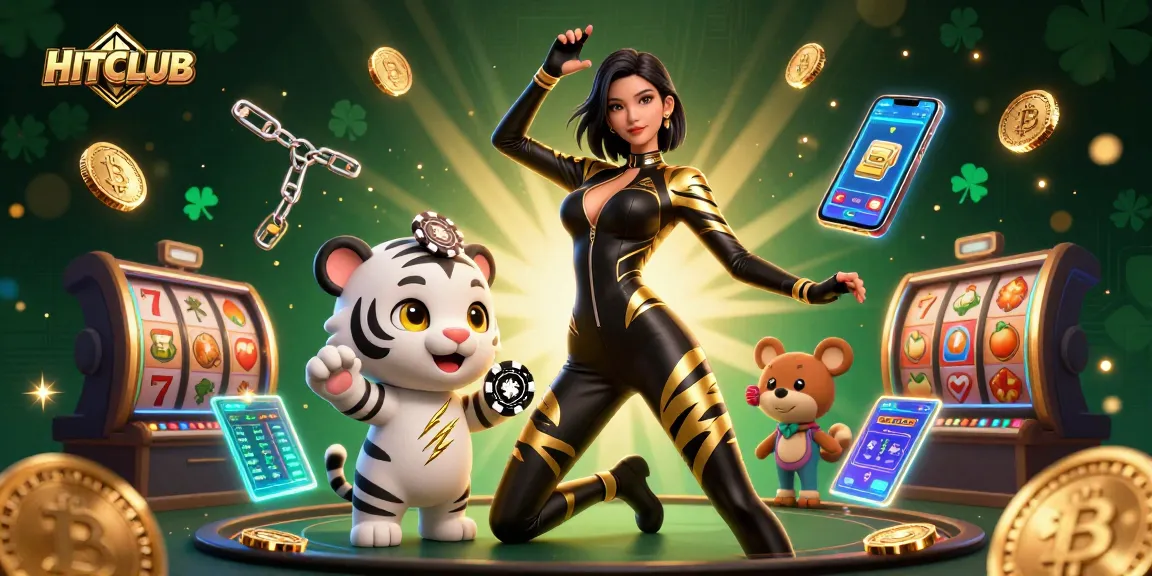 Engage with HITCLUB in an action-packed casino scene filled with vibrant game elements.