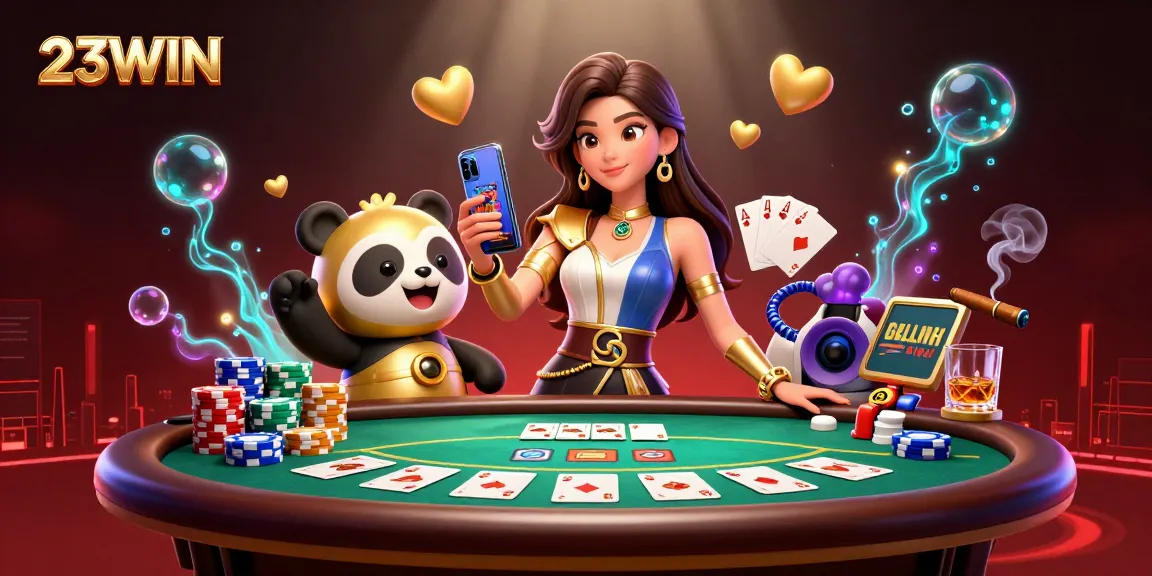 Experience vibrant gaming at 23WIN featuring a 3D woman and casino elements in an engaging scene.