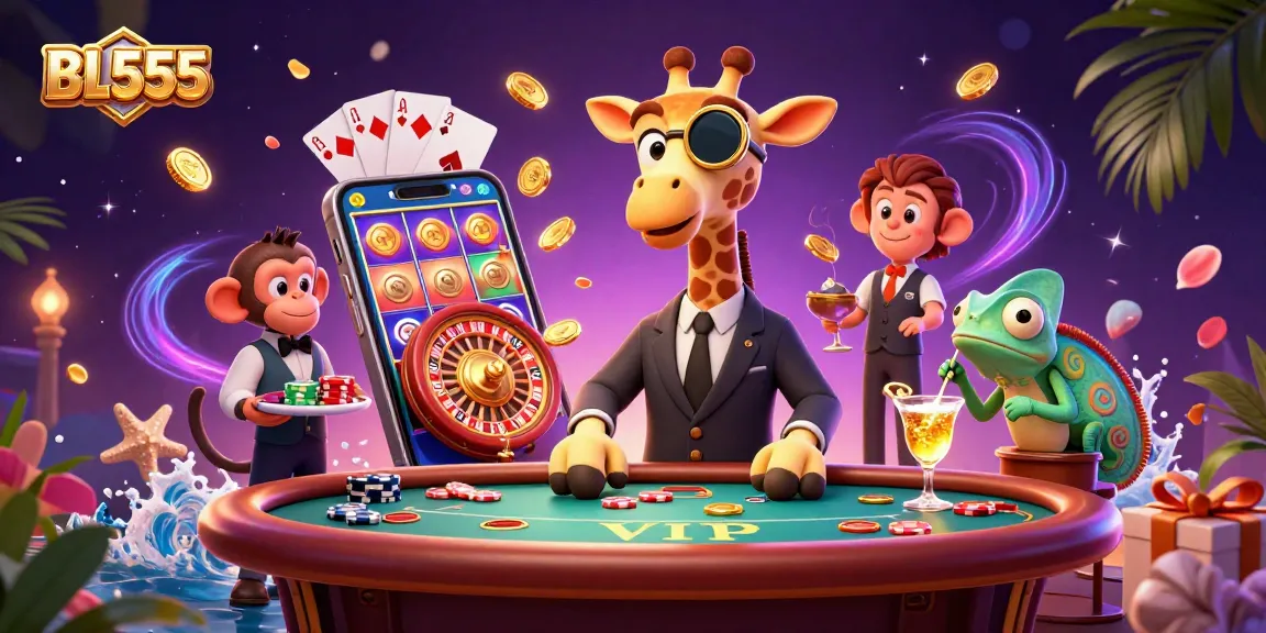 Experience the excitement of winning with BL555 at the vibrant casino atmosphere featuring a high-roller giraffe.