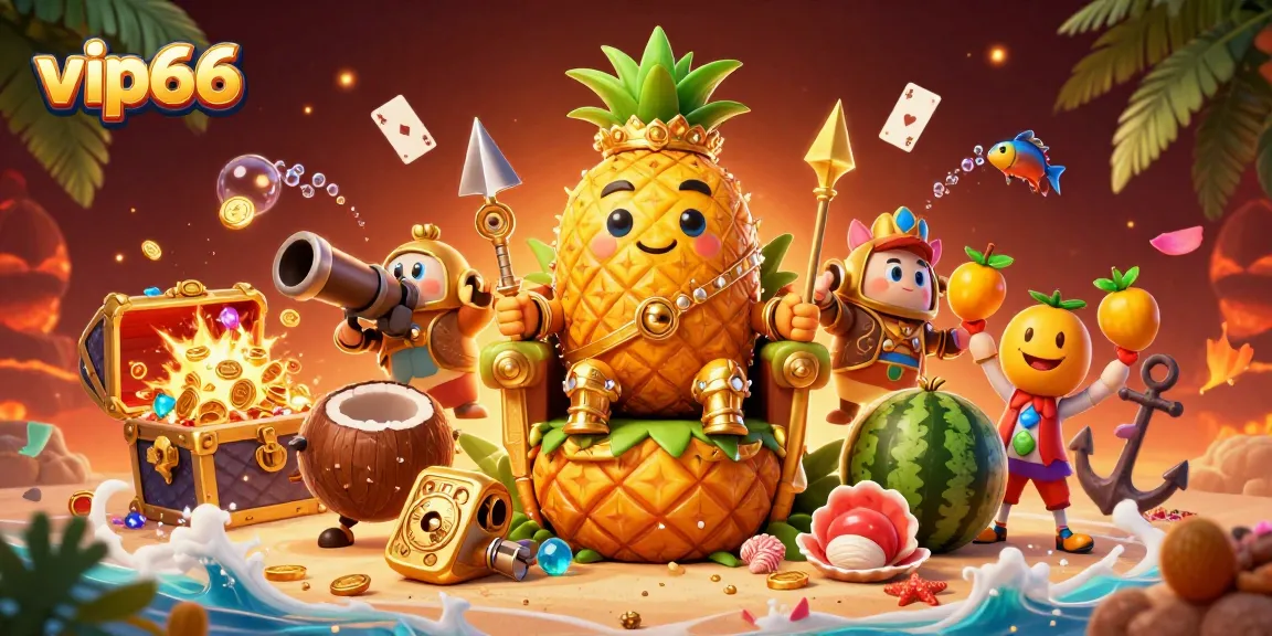 Experience the fun with vip66 in a lively casino scene featuring a golden pineapple king.